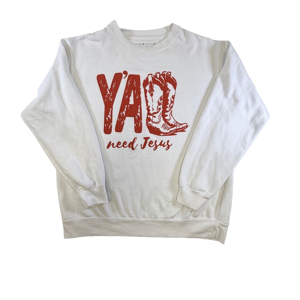 Inspired Culture Yall Need Jesus Cowboy Boot Sweatshirt White Red Large